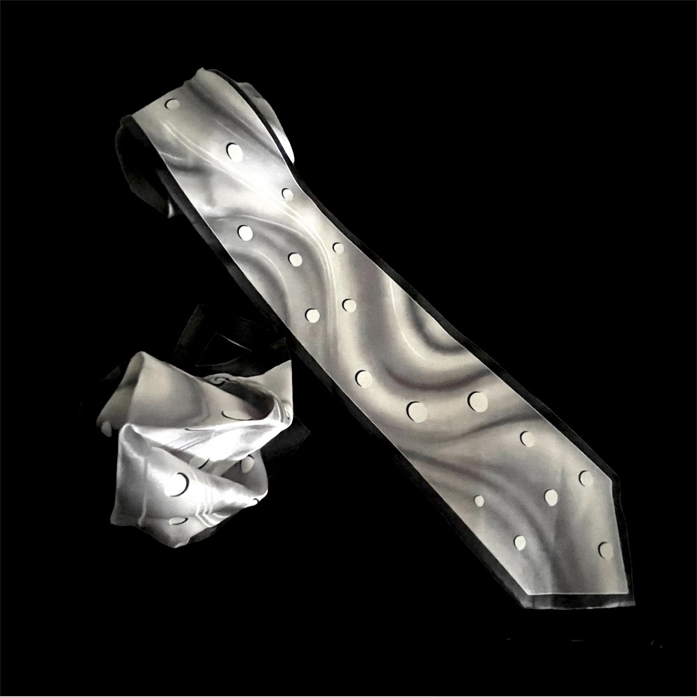 Carlo Palazzi Silk Couture Liquid Pattern Black Gray White Tie & Pocket Square